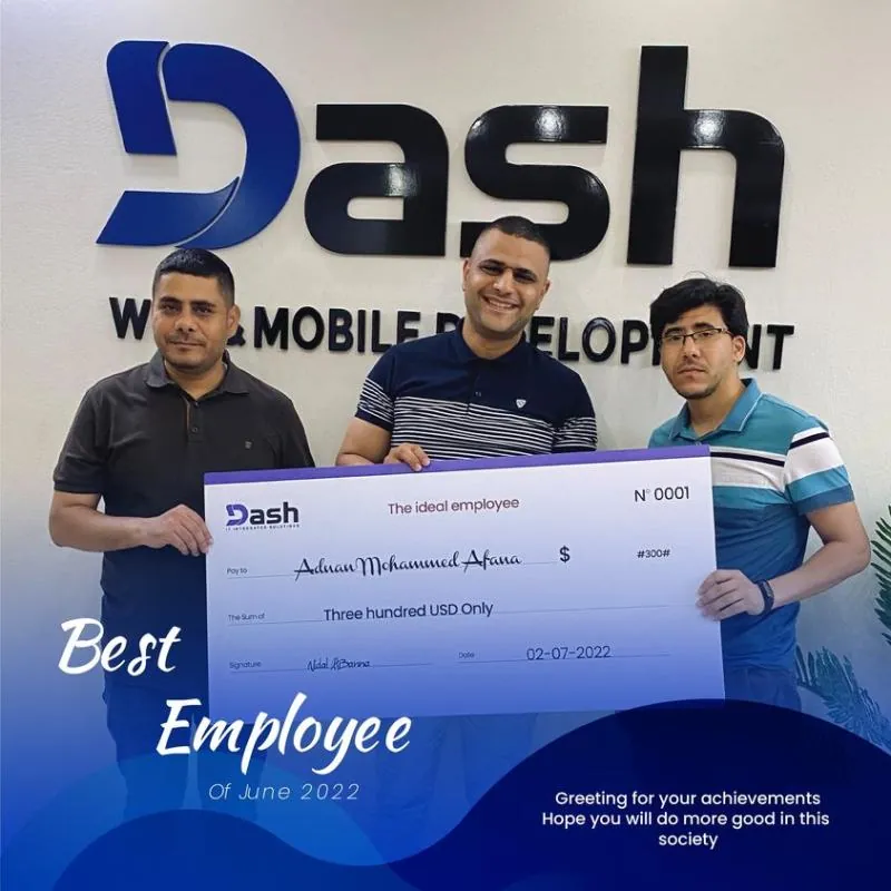 Adnan receiving a Best Employee of June 2022 award at Dash, a web and mobile development company